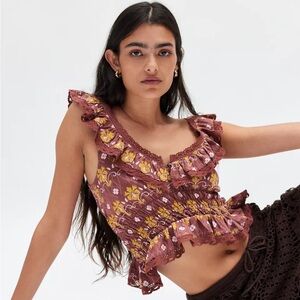 Kimchi Blue Ariel Ruffle Tank Top NWT Size S - Brown Multi